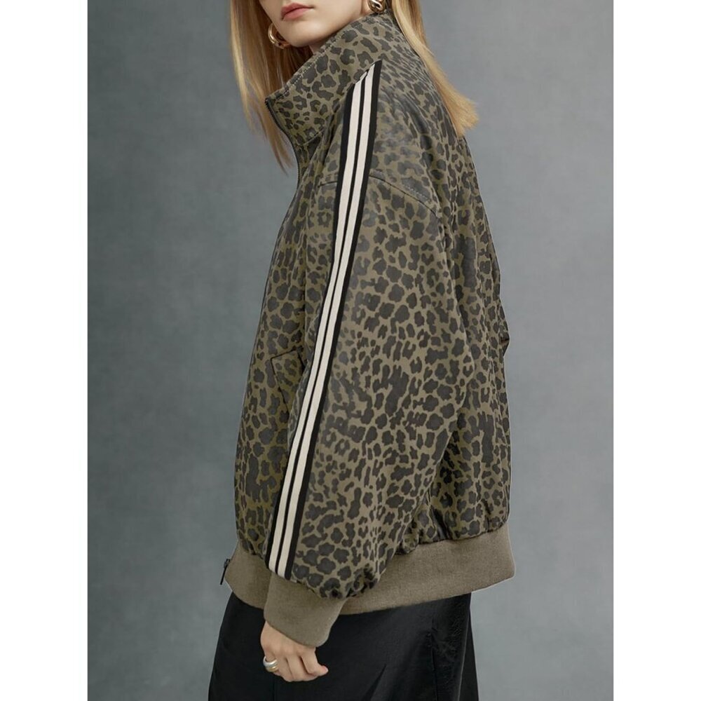 Women's Leopard Print Striped Jacket Zip Up Lightweight Coat Long Sleeve L Brown - Picture 5 of 5